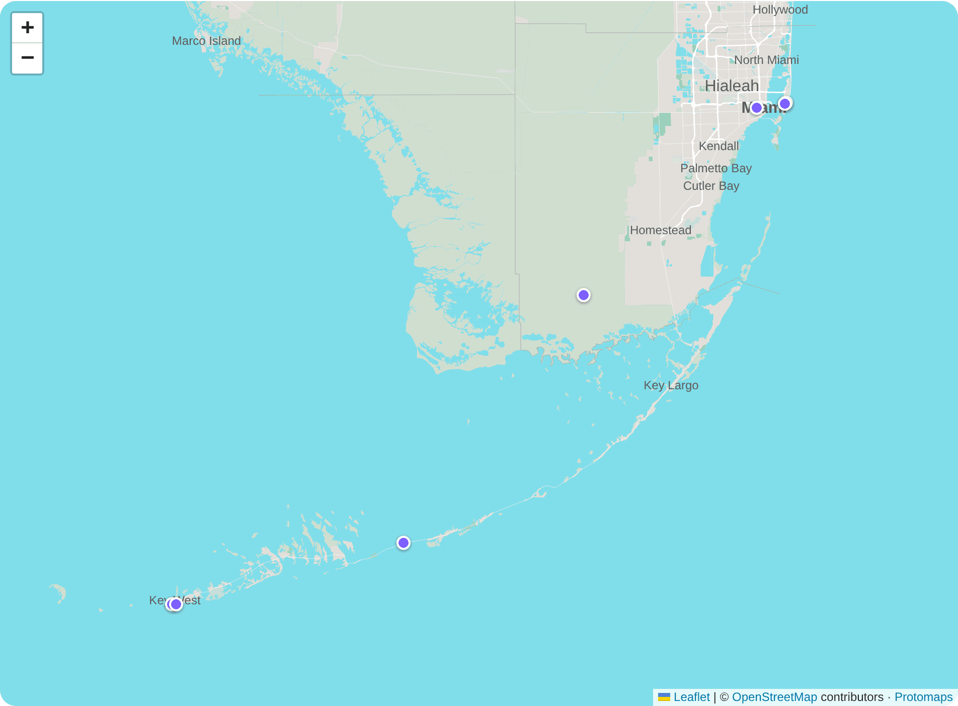 Map of South Florida with the trip's photos pinned in Miami, the Everglades, the Seven Mile Bridge and Key West