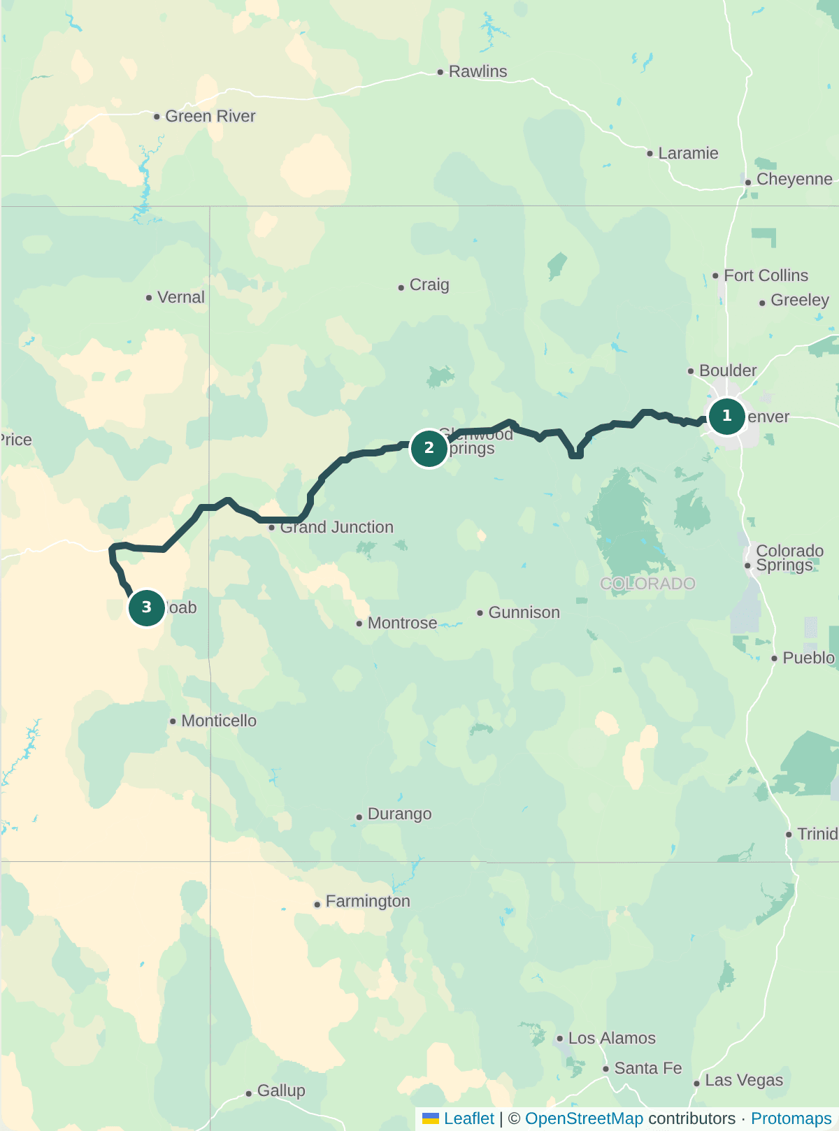 Route map from Denver through Glenwood Springs to Moab